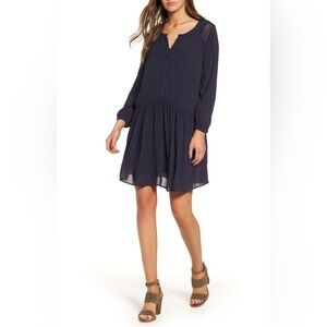 Hinge Navy Mesh Yoke Dress tunic Long Sleeve Button Front back to school fall